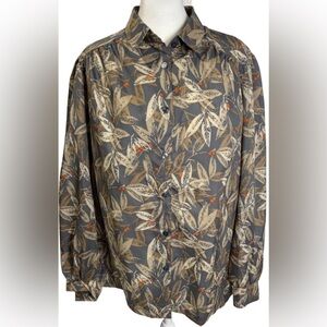 Vintage Pykettes XL Tan & Gray Leaf Print Button Up Long Sleeve Blouse